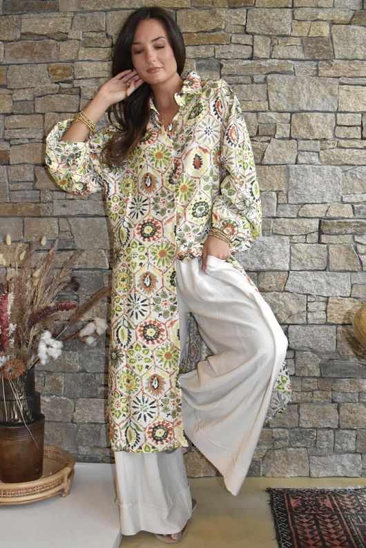Riad Nights Longline Belted Duster Shirt Green 